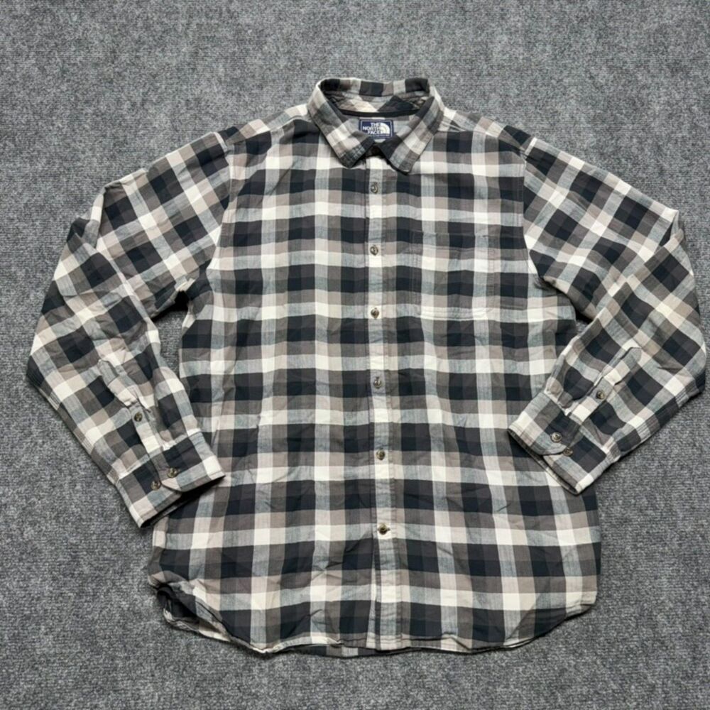 The North Face Flannel Shirt Mens L Black Gray Plaid 100% Cotton Button Up